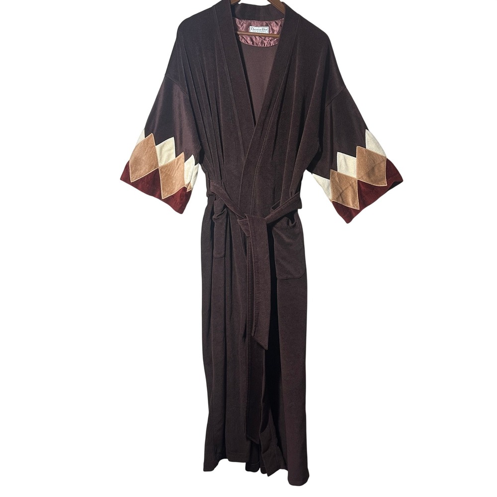 Christian Dior Robe De Chambre Vintage 70s Mens One Size Brown Lounge Patchwork